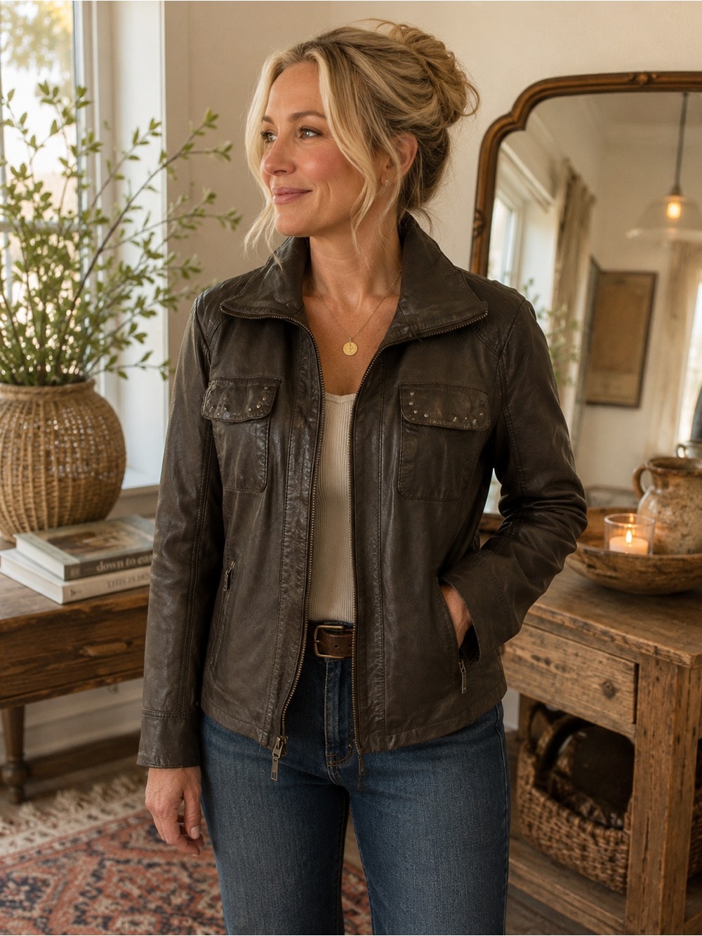 Plongé Brown Leather Jacket Studded Pocket Detail Zip Front XL